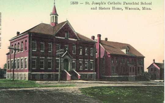 Color postcard depicting St. Joseph’s Catholic Parochial School and Sister’s Home. Photograph Collection, Carver County Historical Society, Waconia