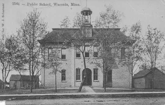 Postcard with an image of Waconia public school in 1900. Created by the St. Paul Souvenir Company in St. Paul.  Photograph Collection, Carver County Historical Society, Waconia.
