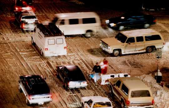 Color image of traffic in Minneapolis after the Halloween Blizzard, 1991. Photograph by Bruce Bisping, Minneapolis Star Tribune.