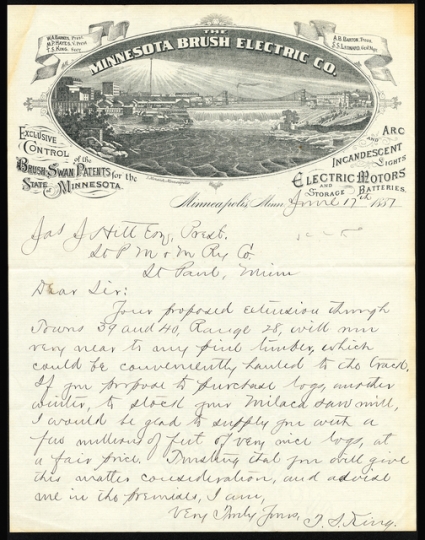 Minnesota Brush Electric Company letterhead, 1887