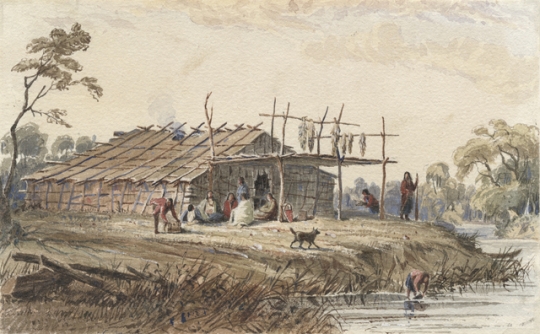 Color image of a Dakota summer lodge, ca. 1846–1848. Watercolor painting by Seth Eastman.
