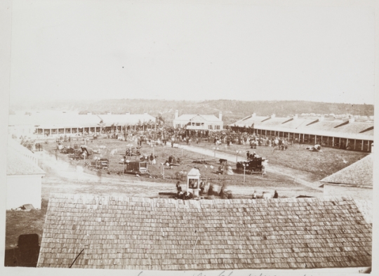 Black and white photograph of the Minnesota State Fair at Fort Snelling, 1860. 