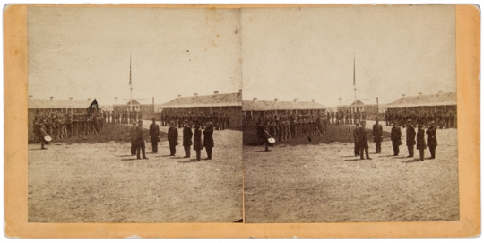 Black and white photograph of General George N. Morgan reviewing Veteran Reserve Corps troops at Fort Snelling, 1864.