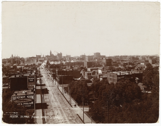 Black and white photograph looking north along Wabasha, the Flats, 1904.