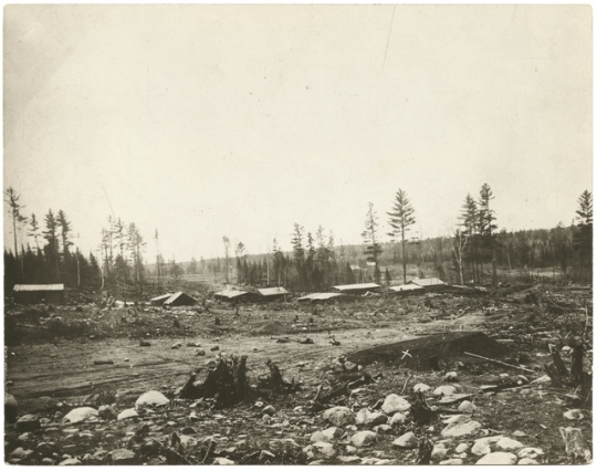 Black and white photograph of first mine on Mesabi Range, near Mountain Iron, c.1892.