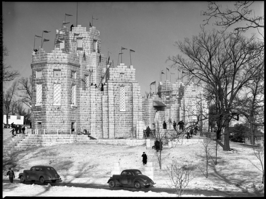 Black and white photograph of the 1941 Winter Carnival Ice Palace. 