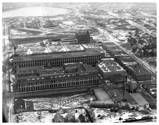 Black and white aerial photograph of the Crex Carpet Company, c.1928.