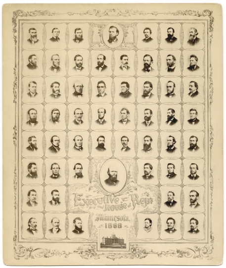 Black and white photo print of Governor William Marshall and the House of Representatives, 1868.