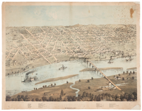 Color lithograph map of downtown St. Paul and West Side Flats, 1867. Lithograph by Albert Ruger. 