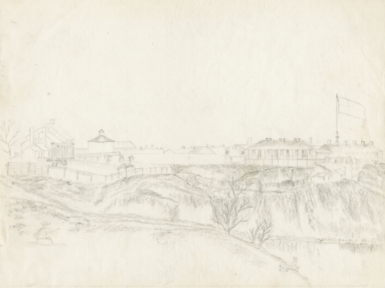 Graphite drawing of Fort Snelling, 1863.