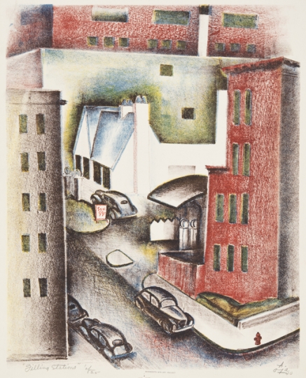 Color image of Filling Stations, 1940. Lithograph on paper by Alexander Oja. 