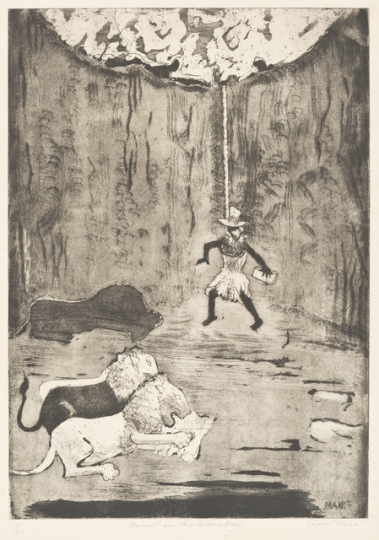 Daniel in the Lion’s Den, 1925. Etching on paper by Clara Mairs. 