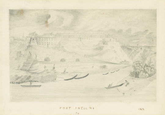 Graphite drawing of Fort Snelling showing landing road with root cellars beneath it and Dakota people in the foreground, c.1856. Drawing by B. C. H.