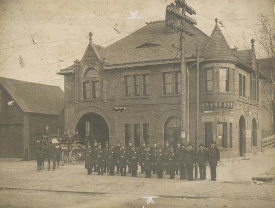 Black and white photograph of the Rondo Street police station at the intersection of Rondo Street and Western Avenue, ca. 1900.