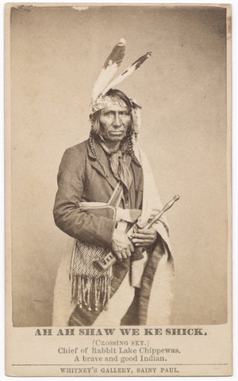 Black and white photograph of Iaweshowewekesik (Crossing the Sky), 1863. Iaweshowewekesik was a leader of the Gull and Rabbit Lake Ojibwe.  