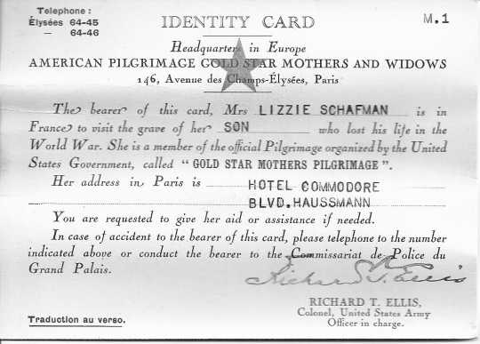 Black and white scan of Lizzie Schafman’s “Identity Card” to use in France, 1930.