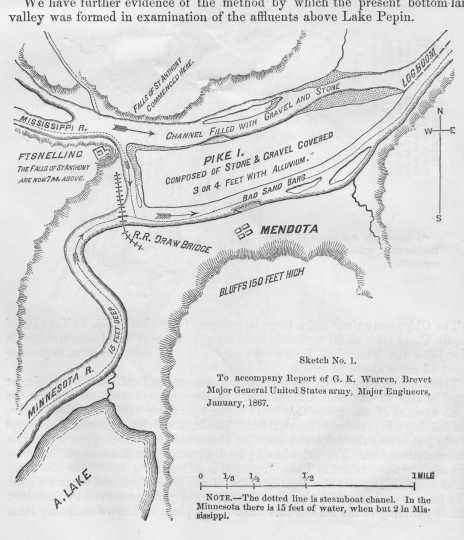 Survey of the confluence of the Minnesota and Mississippi Rivers at Fort Snelling at Bdóte in Survey of Upper Mississippi River (page 14).