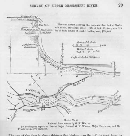 Plan and section of St. Anthony Falls in Survey of Upper Mississippi River (page 29).