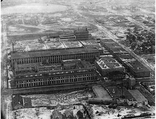 Black and white aerial photograph of the Crex Carpet Company, c.1928.