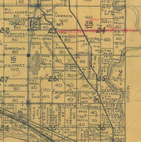 This section of the 1932 plat map of Ramsey shows the location of the Ramsey schoolhouse in the middle bottom of section 25, within land owned by Edith Patch. The site sits west of the Rum River.