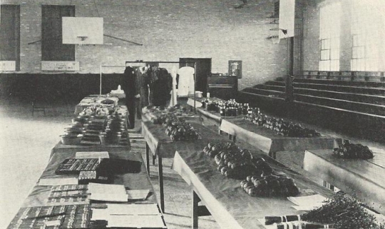 Black and white photograph of Home Economic projects displayed on Parents’ Day, November 1934. 