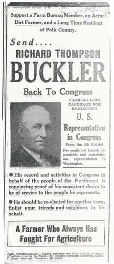 Pamphlet promoting Richard Thompson Buckler, a Farm Bureau member, for re-election to the U.S. House of Representatives.