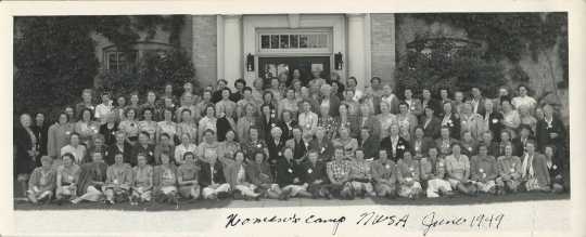 Black and white photograph of the NWSA’s camp for farmers’ wives, hosted by the Farm Bureau on the NWSA campus, June 7–9, 1949.