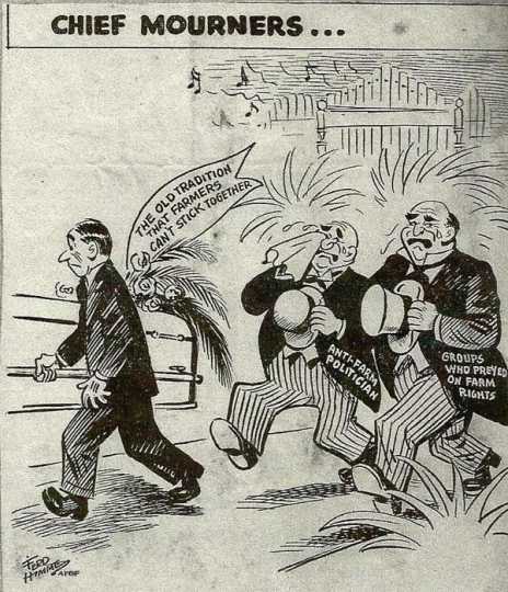 Pro-Farm Bureau cartoon critical of anti-farm politicians, 1955.