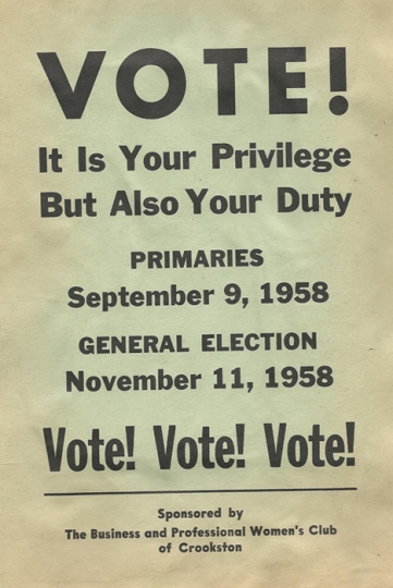 Crookston BPW brochure encouraging women to vote in primary elections on September 9, 1958, and in the general election on November 11, 1958.