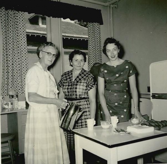 Black and white photograph of Irene Wachter Jobe, Jean Strickler, and Mrs. Robert Wurdan, 1959.