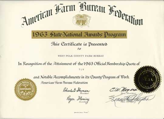 National Farm Bureau certificate recognizing the West Polk County Farm Bureau’s 719 members, 1963.