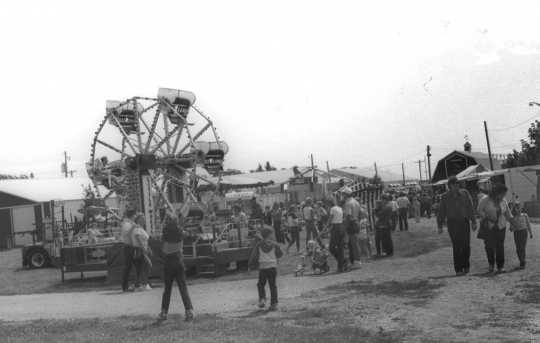 Black and white photograph of the Murray County Fairgrounds, 1980s