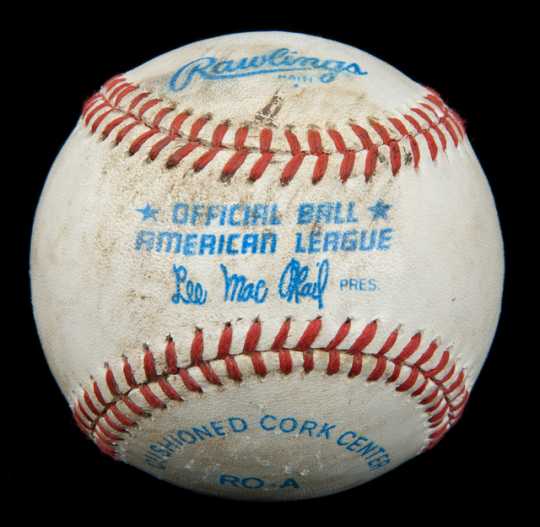 White leather baseball with red stitching used in the last Minnesota Twins game at Metropolitan Stadium on September 30, 1981.
