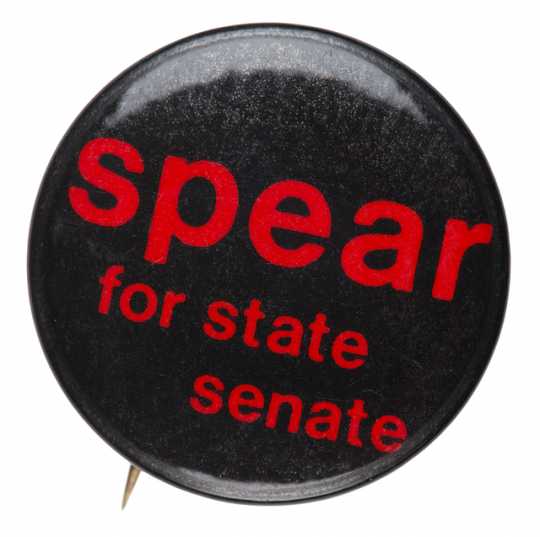 Color image of a pinback button used to promote the candidacy of Senator Allan Spear, ca. late 1970s to early 1980s.