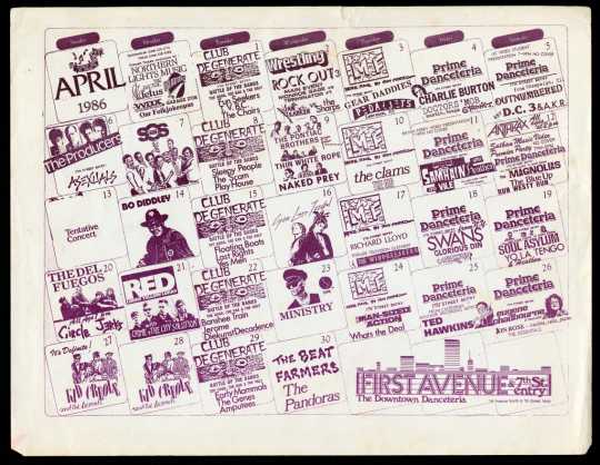 First Avenue calendar from April 1986. Courtesy of Chrissie Dunlap.