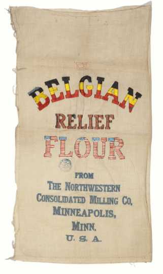 Color image of a decorated Belgian Relief Flour sack, ca. 1914–1918. 