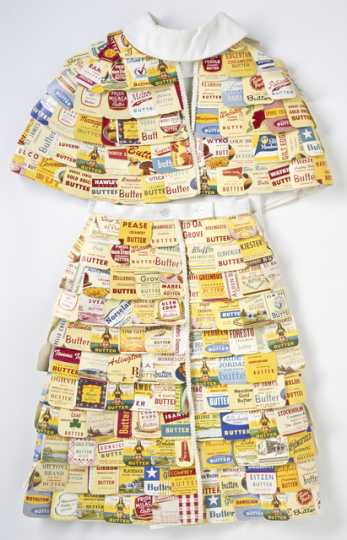 Color photograph of a dress made out of butter cartons used at the Minnesota State Fair, 1965. 