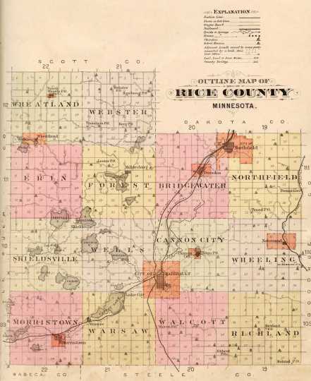 Plat map of Rice County showing the location of Nerstrand, 1900. From the 1900 Rice County plat book.