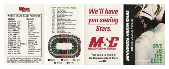 The Minnesota North Stars’ schedule for 1989, featuring the radio stations that broadcast games and a seating chart for Met Center home games.