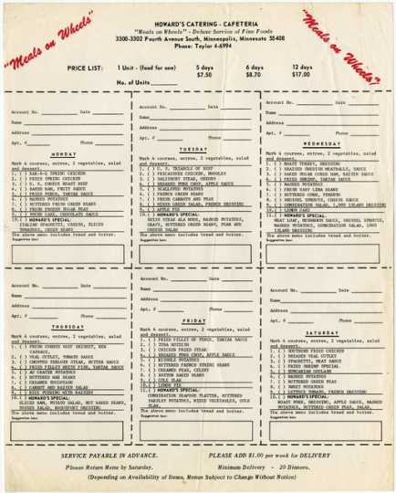 Paper order form used in the late 1960s by customers of Oscar C. Howard’s Meals on Wheels food delivery program.