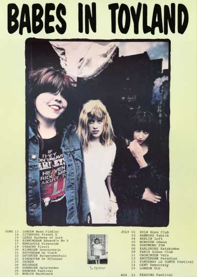Poster with a list of the performance dates on Babes in Toyland’s 1991 European tour. Pictured are (left to right): Lori Barbero, Kat Bjelland, and Michelle Leon.