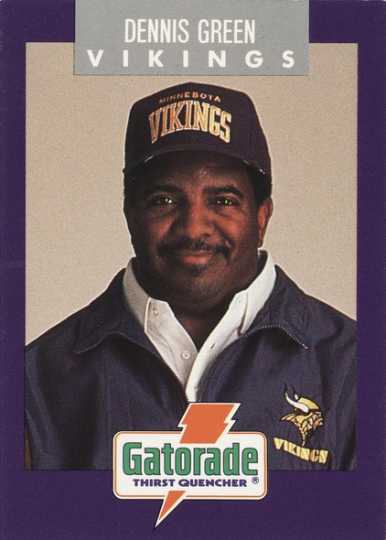 Color image of Minnesota Vikings crime prevention trading card of head coach Dennis Green, 1992.