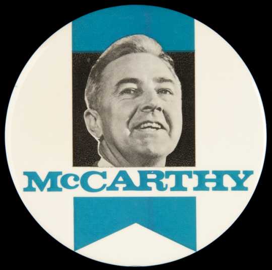Color image of a presidential campaign button in support of United States Senator from Minnesota, Eugene McCarthy, c.1968. 