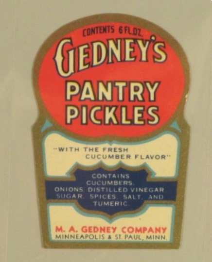 Color image of a Gedney's Pantry Pickles label, c.1935.