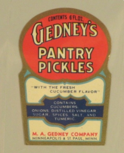 Color image of a Gedney's Pantry Pickles label, c.1935.