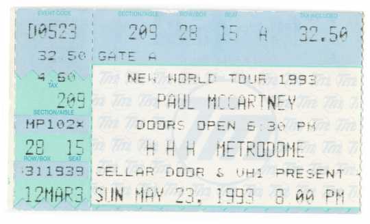Color image of a Ticket stub for the Paul McCartney World Tour concert at the Hubert H. Humphrey Metrodome, 1993.