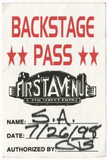Backstage pass for Soul Asylum concert at First Avenue, July 26, 1998. 