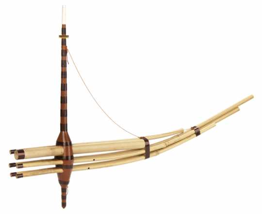 Color image of a Qeej (Hmong wind instrument) made by Shong Ger Thao of St. Paul in 1999.