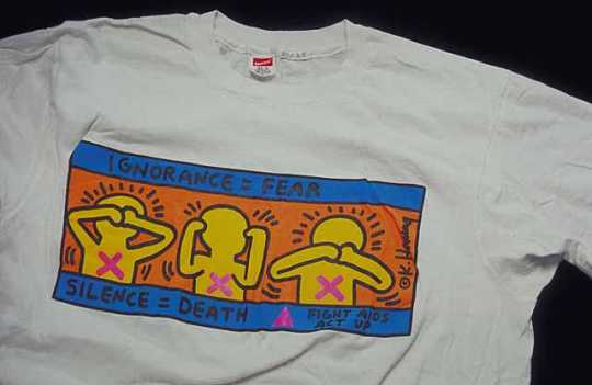ACT UP t-shirt designed by Keith Haring, mid-1980s.