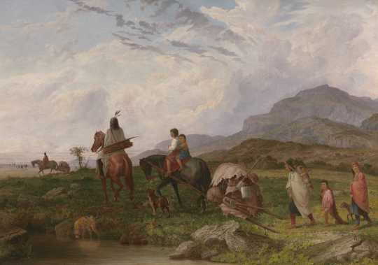 Dakota family using a horse-drawn travois